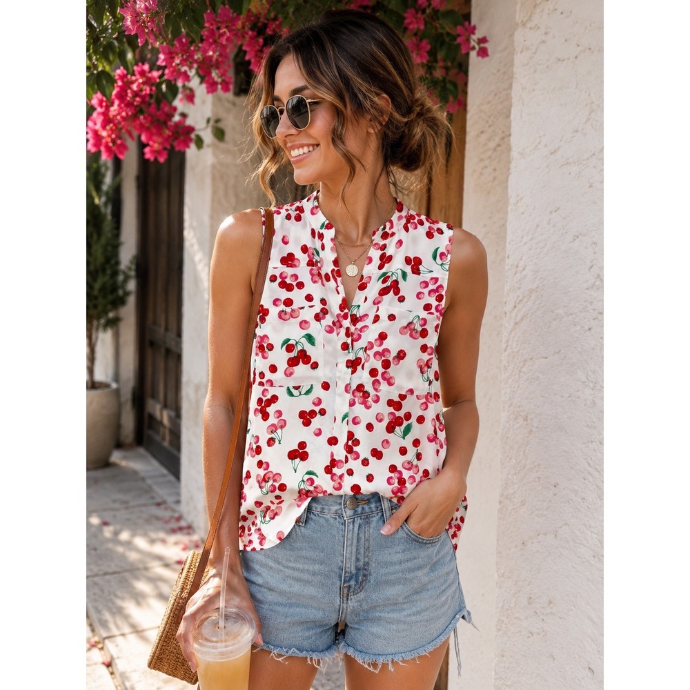 Ann Taylor Cherry Strawberry Print Sleeveless Blouse White Red XS Fruitcore